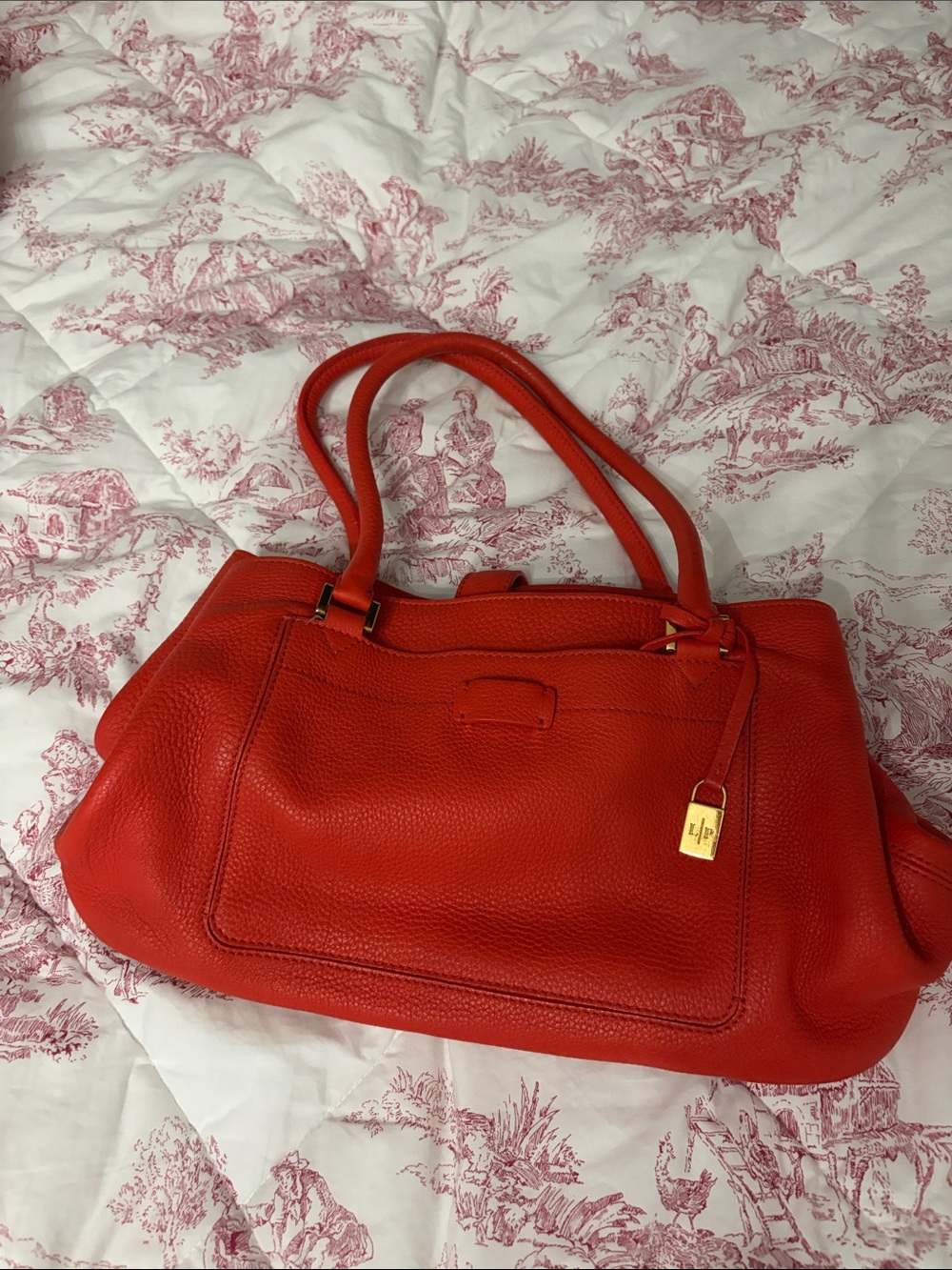 Loro Piana Red Leather Shoulder Tote with Gold Padlock